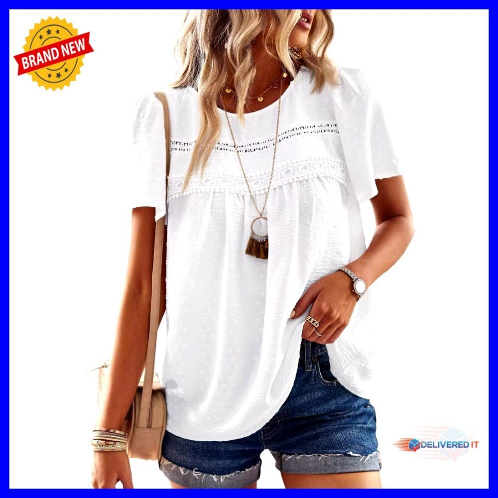 Short Sleeve Crewneck Blouse with Lace Hem, Chiffon Fabric, Boho Style - Picture 1 of 7